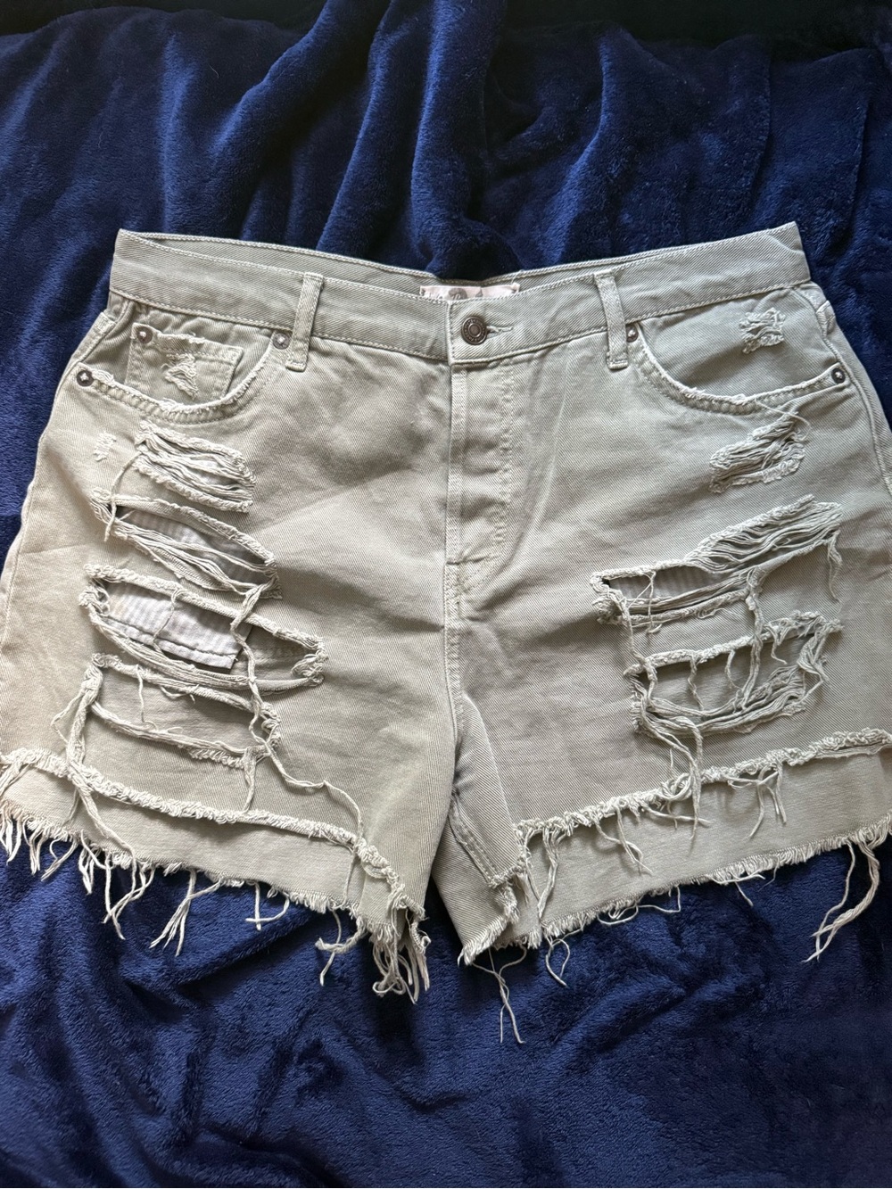 Free People olive green Distressed High-Rise Denim Shorts